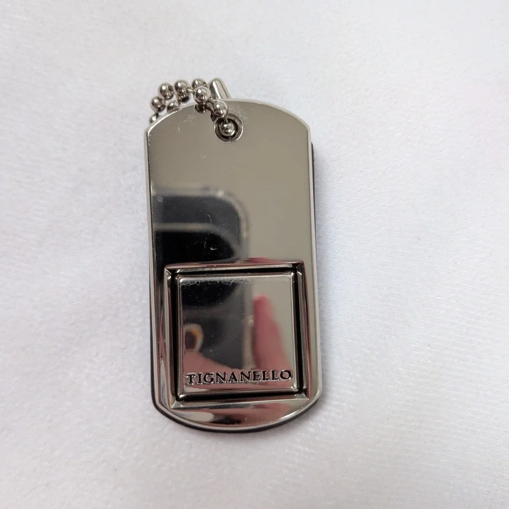 Tignanello Silver Tone Metal and Brown Leather Dog Tag Purse Charm Keychain